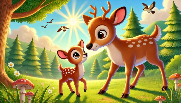 กวางพ่อกับลูกน้อยในทุ่งหญ้า